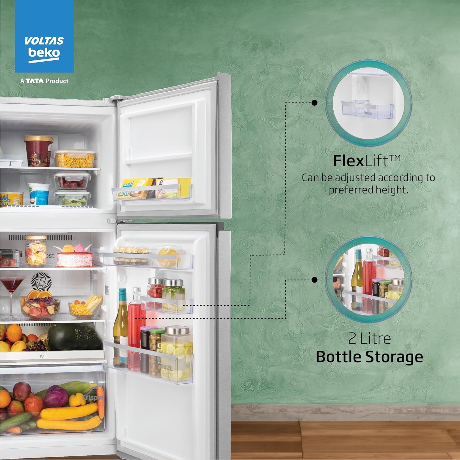 Voltas Beko A Tata Product 228 L 2-Star Made in India Double Door Frost Free Refrigerator with Neo Frost Dual Cooling Technology RFF265DW0XIR0I0000GO Brushed Silver