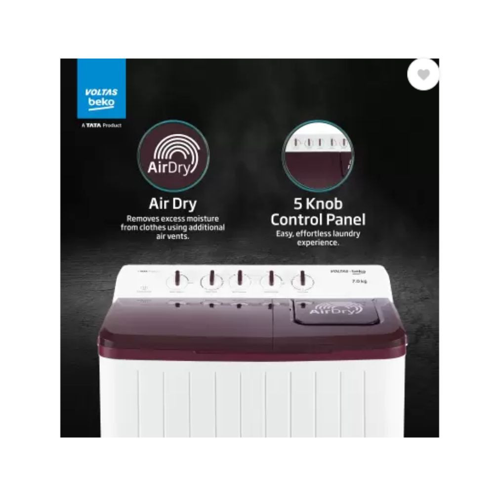 Voltas Beko by A Tata Product 7 kg Semi Automatic Top Load Washing Machine Maroon White WTT70UHAOK5R0R0W01