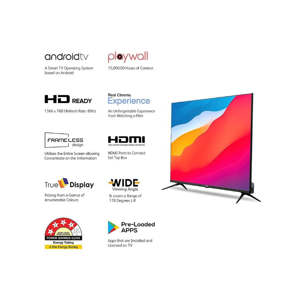 VW 80 cm 32 inches Playwall Frameless Series HD Ready Android Smart LED TV VW3251 Black