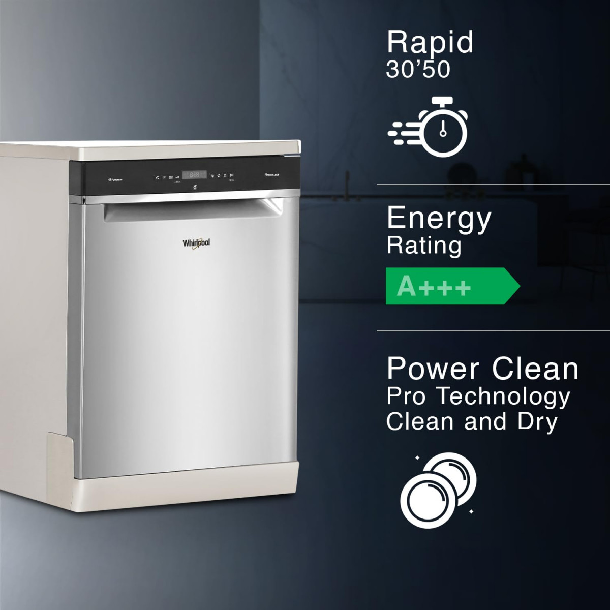 Whirlpool 14 Place Settings PowerClean Pro Technology Dishwasher WFO 3O33 PL N X IN Inox 30 extra space
