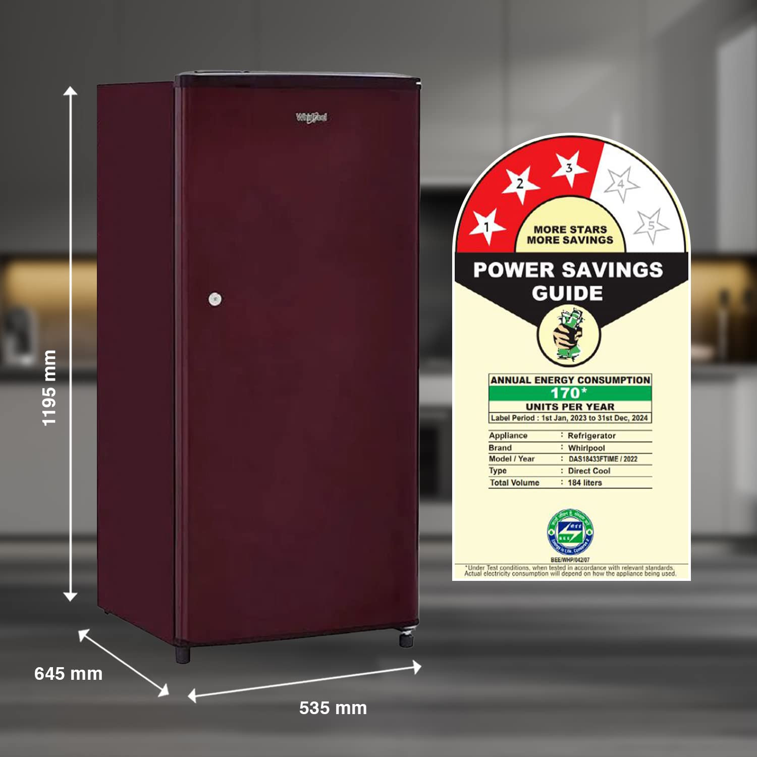 Whirlpool 184 L 3 Star Direct-Cool Single Door Refrigerator 205 WDE CLS 3S SHERRY WINE-Z Red 2023 Model