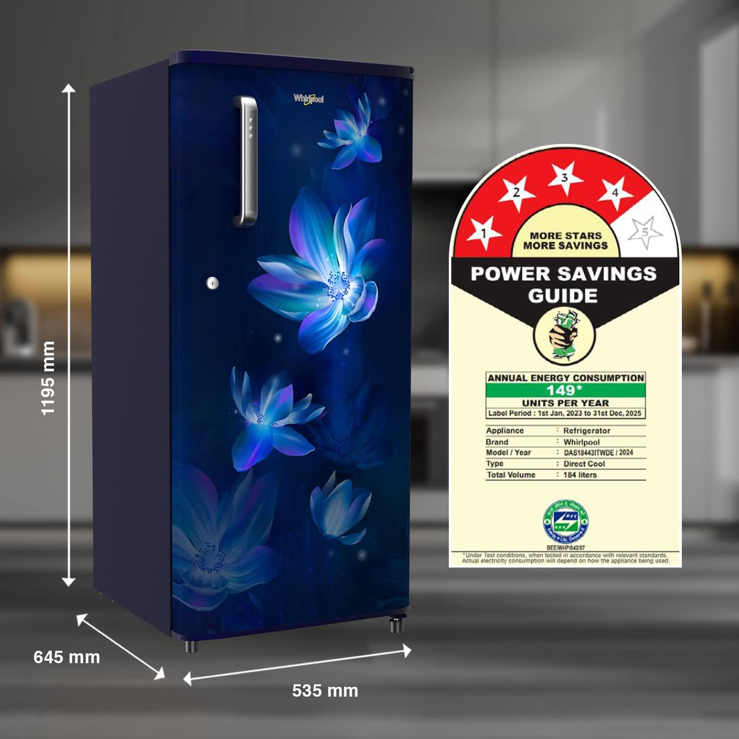 Whirlpool 184 L 4 Star Inverter Direct-Cool Single Door Refrigerator 205 WDE PRM 4SInv SAPPHIRE FLOWER RAIN-Z Blue 2023 Model