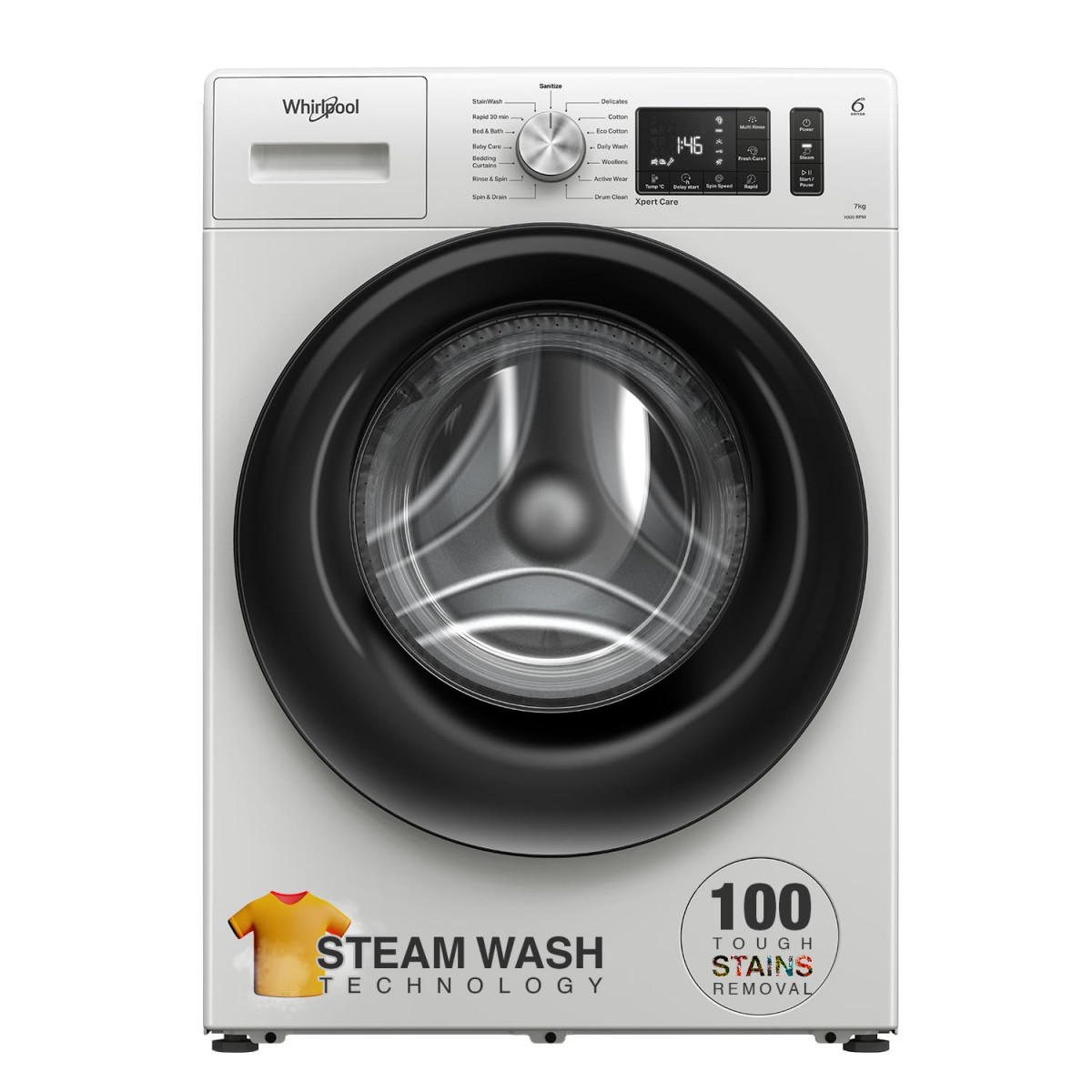 Whirlpool 7 Kg Steam Technology Inverter Front Load Washing Machine with In-Built Heater XS7010BWW52E Crystal White 100 Tough Stains 6th Sense Soft Move 2024 Model