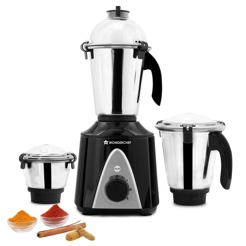 Wonderchef Hush BLDC Mixer Grinder  3 Jars for Blending Dry Grinding Chutney Grinding  Low Friction  Low Noise  Conserves Power  Grind Masalas Nuts Coconut to FruitsVegetables  RPM 18000