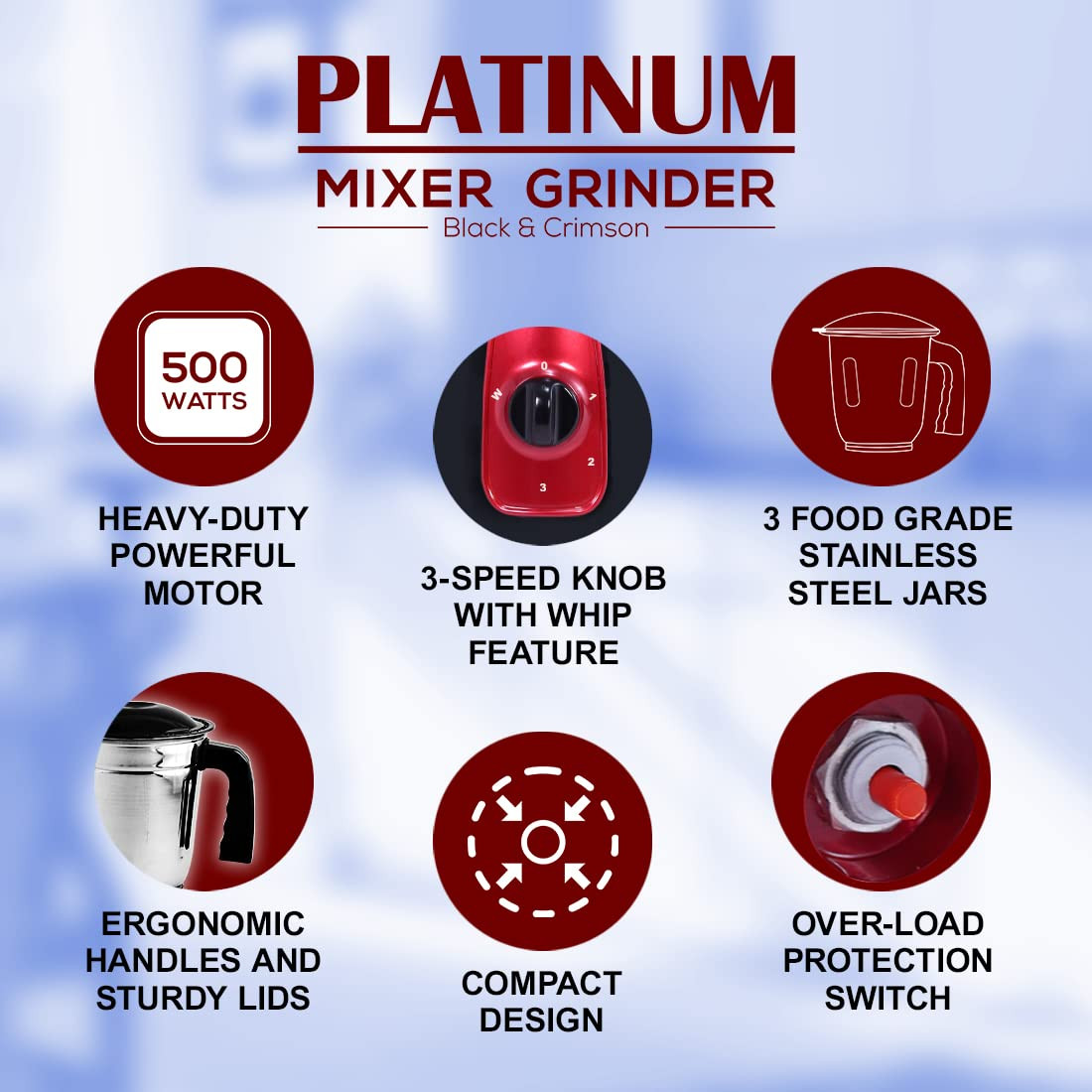 Wonderchef Platinum 500W Mixer Grinder  3 leak-proof stainless steel Jars with secure lids  Powerful 500W motor  3-Speed  Pulse Function  Anti Skid Feets  5 years warranty on motor  Black  Red