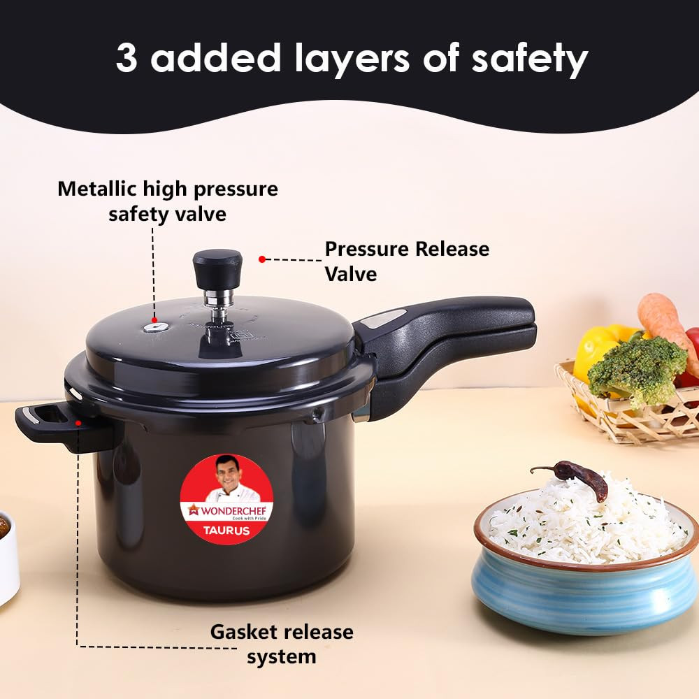 Wonderchef Taurus Hard Anodized Outer Lid Pressure cooker 5 liter Cool Touch Handles for Durability Induction Friendly Black 5 year warranty ISI Certified