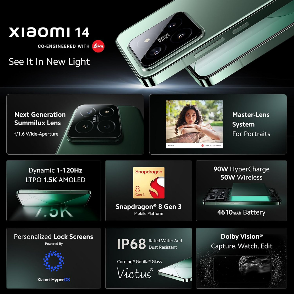 Xiaomi 14 Jade Green 12GB RAM 512GB Storage  50MP Leica Professional Optics  120 Hz 15K LTPO AMOLED  SD 8 Gen 3 Hyper OS