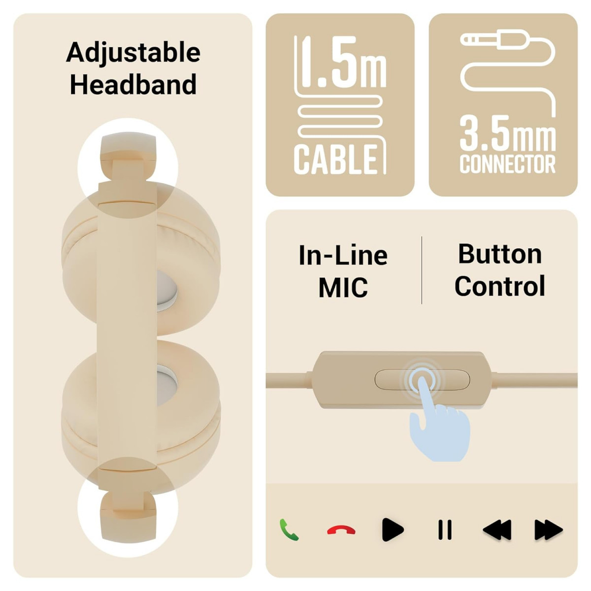 Zebronics Boom Wired Headphone Over Ear in-Line MIC Beige