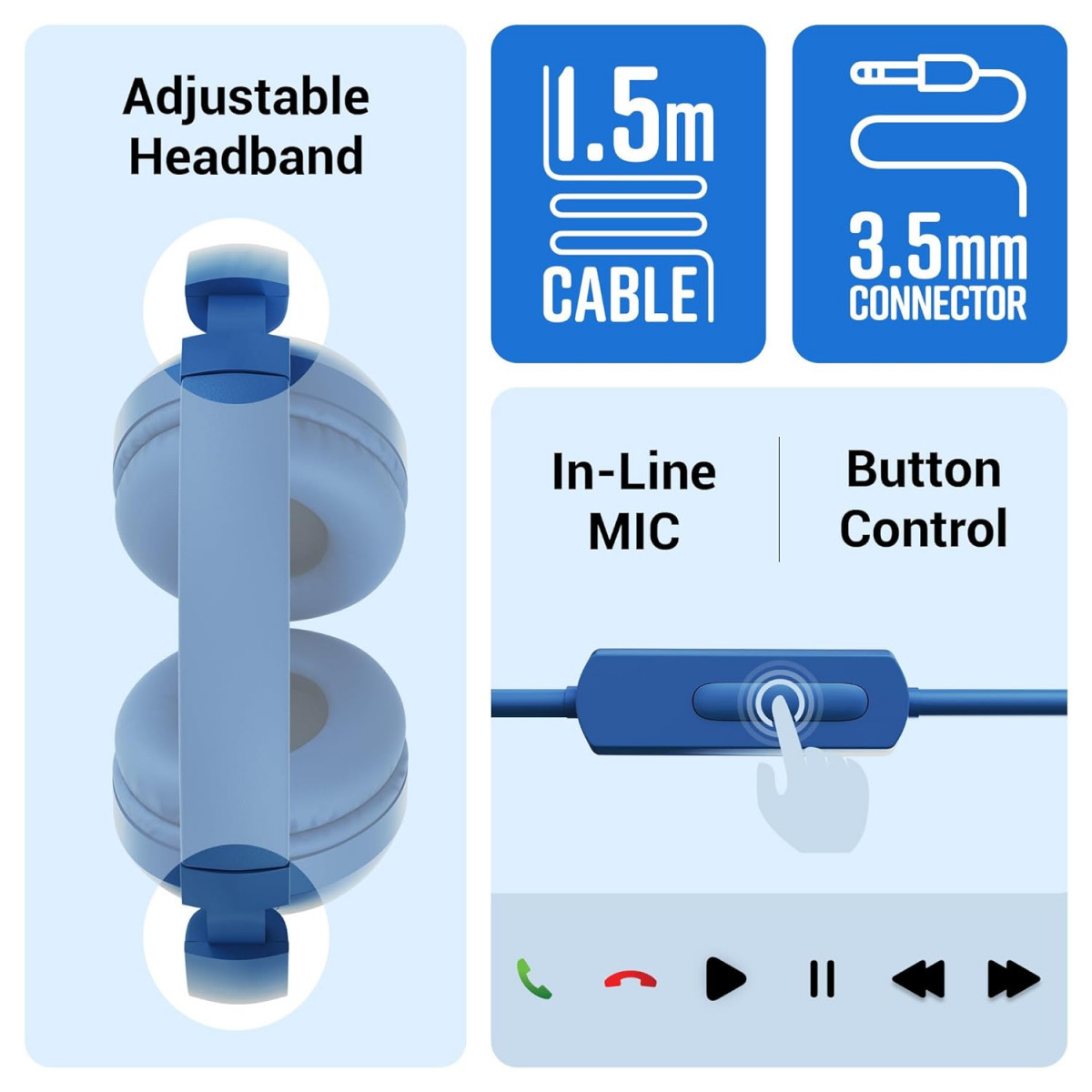 Zebronics Boom Wired Headphone Over Ear in-Line MIC Blue